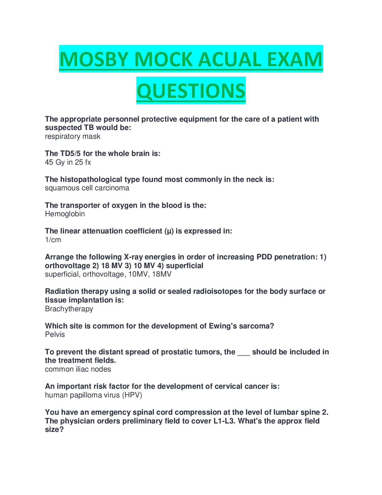 Preview image for MOSBY MOCK ACTUAL EXAM QUESTIONS AND ANSWERS COMPLETE GUIDE SOLUTION RATED A